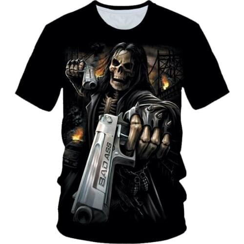 Skull Skeleton Crow Moon Motorbike Gun Fire Men Women 3D Print T-Shirt Heavy Metal Grim Reaper Boy Girl Hip Hop Punk Tshirt Tops