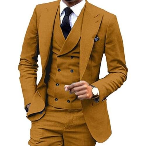 Mens Suit 3 Piece One Button Lapel Double Breasted Slim Fit Casual Business Dress Suits For Wedding Tuxedo Blazer+Pants+Vest