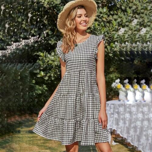 Summer Women Plaid Ruffles Sleeveless Dresses 2021 New Tea Break Dress Casual Loose Female Beach Party Midi Dress Vestido