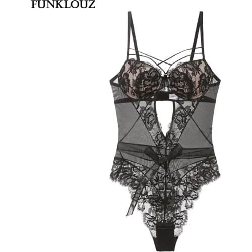 Fashion Women White Lace Floral Hollow Out Embroidery Bodysuit Jumpsuit Black Sexy Deep V Straps Bodysuits Mesh Transparent 2020