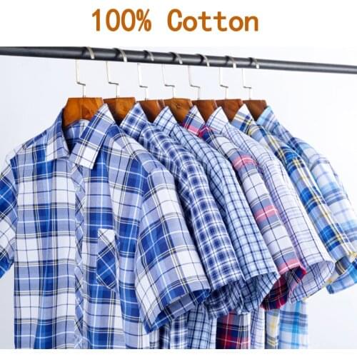 Mens Thin Short-Sleeve Plaid/Stripe Pocket Stretch Oxford Shirt Button Down Collar Standard-fit 100% Cotton Casual Shirts