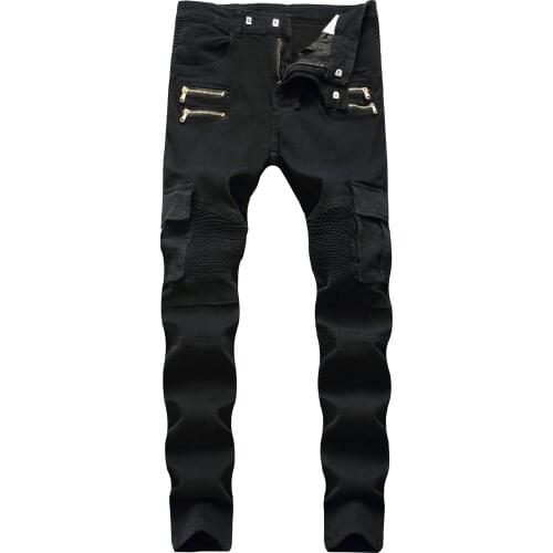 2021 Men Casual Shim Jeans Mens Washed Pleated Motorcycle Biker Skinny Jeans Pants Male Military Denim Trousers Plus Size 42