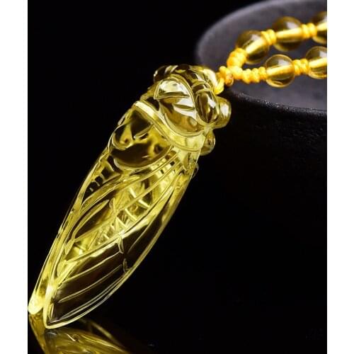 Natural Crystal Yellow Cicada Stone Hanging Ornaments Decorate Lucky Fine Carving Means Become Famous Overnight Men Women Gifts