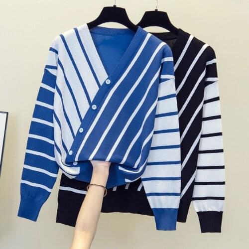 Nkandby Plus Size Striped Knitted Sweaters 2021 Autumn And Winter New Large Womens Bottomed Jumpers Button V-neck Loose Tops