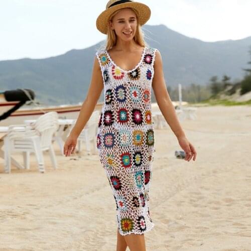 2021 New Crochet Hollow Out Beach Dress Women Bohemia Sleeveless Crochet Swimsuit Cover Up Vestidos Female Bathing Suit