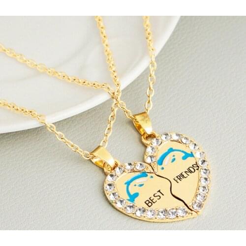 New BEST FRIENDS Dolphin Heart Tone 2 Parts Pendants Necklace BFF Rhinestones Friendship Necklaces