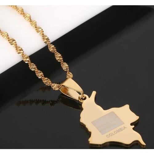 Stainless Steel Gold Color Colombia Map Pendant Necklace Trendy Colombian Flag Chain Jewelry