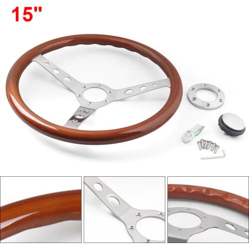 High Quility 15inch 380mm Steering Wheel Classic Sport Wooden Grain Silver Brushed Spoke Chrome Steering Wheel Depth 55mm