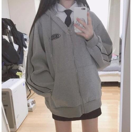 Streetwear Harajuku Oversized sweatshirt women print Letter zip up Hoodies Student Plus Size Outwear Black Gray Female tops