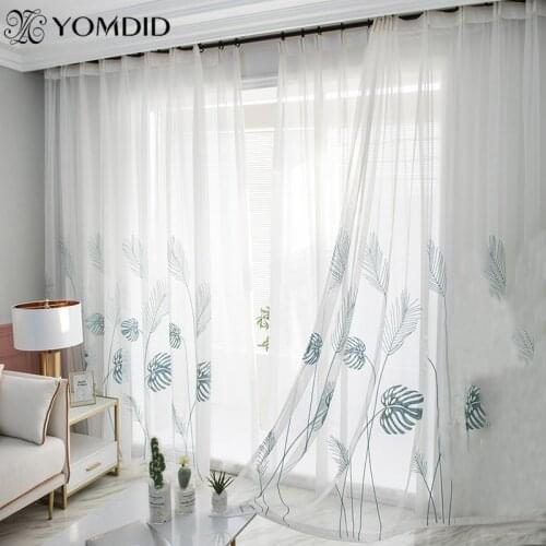 White Yarn Curtain Window Tulle Curtains For Living Room Kitchen Window Treatments Voile White/Blue Palm Leaves Printed Curtain