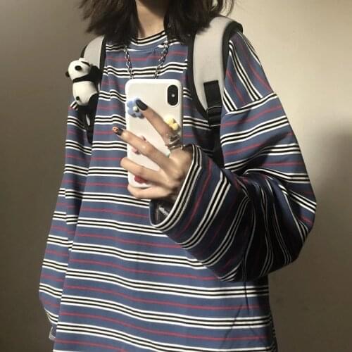 Spring Autumn female Casual O-Neck stripe Tees harajuku Loose hoodie Women Long Sleeve Oversize top Hip Hop Sweatshirt ins