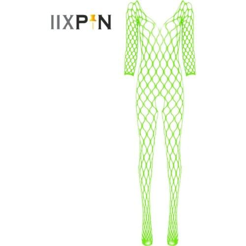 Womens Erotic Lingerie V Neck Long Sleeve Crotchless Bodystocking Stretchy Fishnet Bodysuit Mesh Lingerie Nightwear Sleepwear