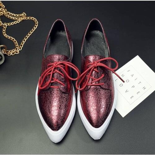 Women Spring Summer Casual Platform Footwear Leather Low Heels Oxford Shoes Pointed Toes Lace Up Vulcanize Shoes Wine Red Gold