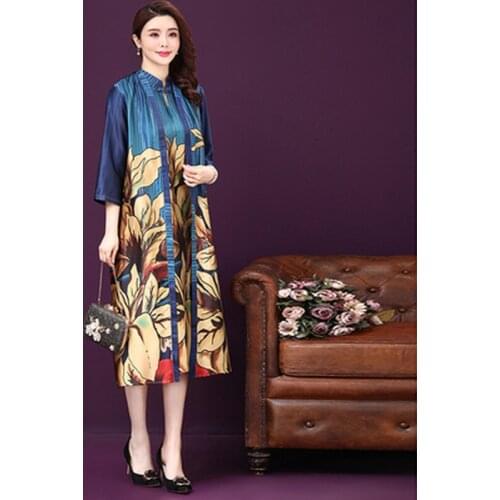 2 Pieces Spring Summer Women Cardigan Sets Silk Printed Dress Retro Print Plus Size Dress Vestidos Ladies Dresses