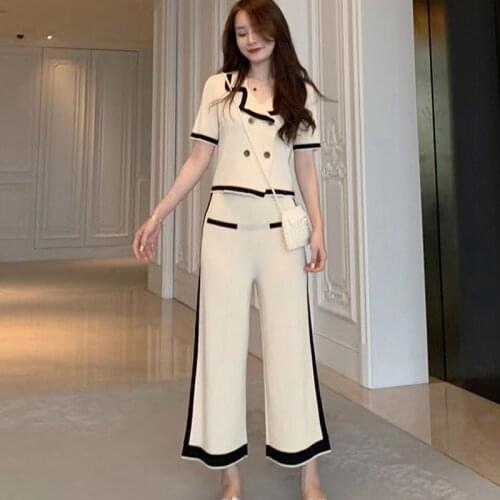 Women Summer Knitted Turn Down Collar Short Sleeve Double-Breasted Cardigan Tops + Wide Leg Pants 2 Pieces Clothing Set Suits