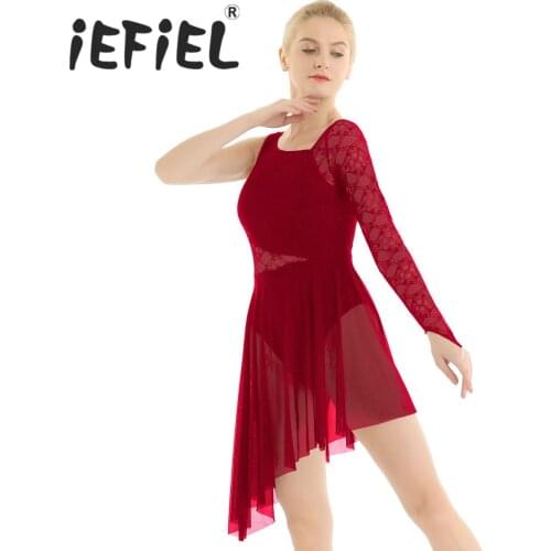Women Female Ballet Stage Performance Dress Asymmetric Floral Lace Leotard Dress for Lyrical Modern Contemporary Ballet Dance