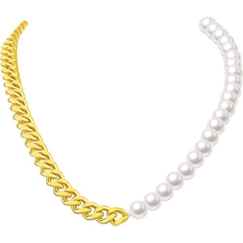 Classical Style OT Buckle Cuban Chain Imitation Pearl Necklace Stainless Steel Half Chain Half Pearl Stitching Necklace Female