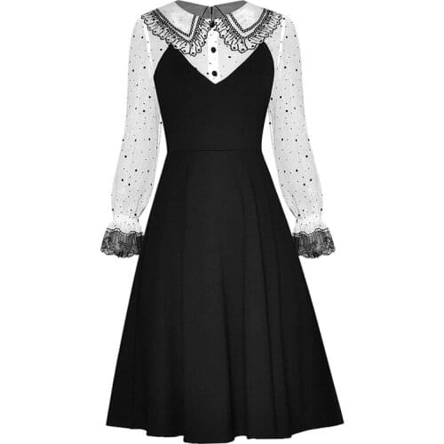 QUALITY 2021 HIGH Newest Runway Dress Womens Peter Pan Collar Long Sleeve Patchwork Dot Dress