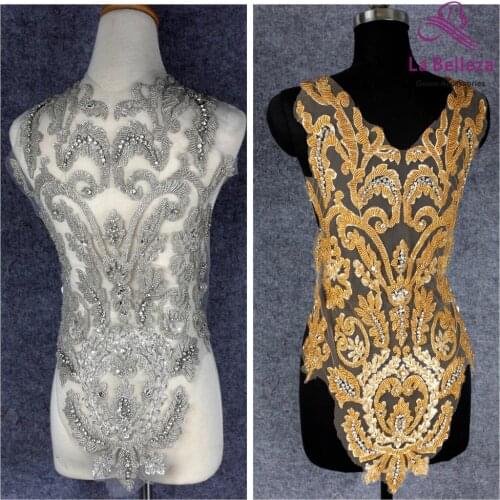 La Belleza gold/black beaded beautiful large piece handmade pearls crystal Rhinestone patch wedding dress applique accessories