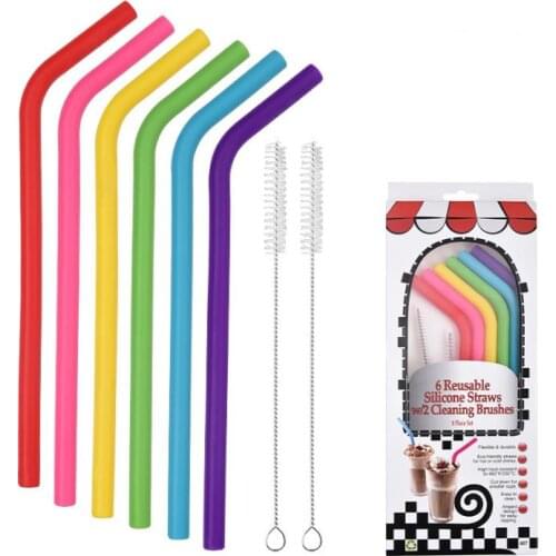 6pcs+2brush/set 23CM Candy Colors Silicone Straw Reusable Folded Bent Straight Straw Home Bar Accessory Silicone Tube SN3756