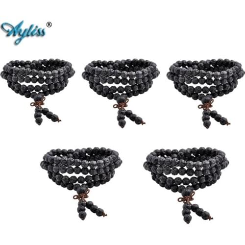 Ayliss 5pc / 10pc Wholesale 6mm/8mm Natural 108 Lava Rock Stone Bracelets Healing Balance Beads Reiki Buddha Prayer Bracelet