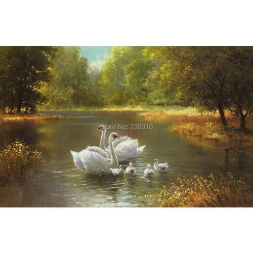 Free shipping lake landscape canvas prints oil painting White swan oil painting on canvas river scenery decor picture unframed
