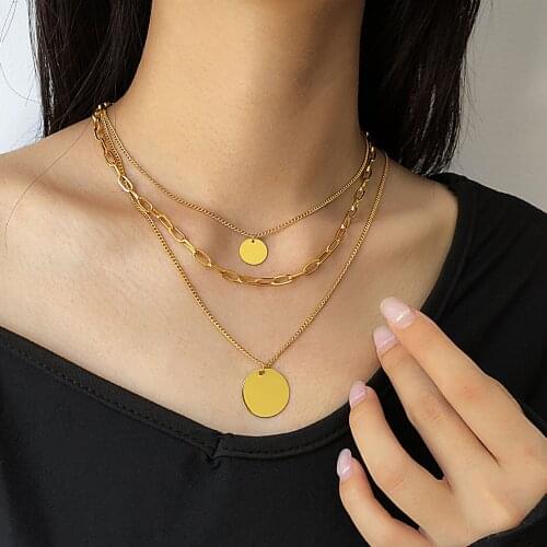 925 Silver Necklace Europe and America Three Layer Chain Stacked Round Brand Pendant Smooth Chain Multilayer Sweater Chain