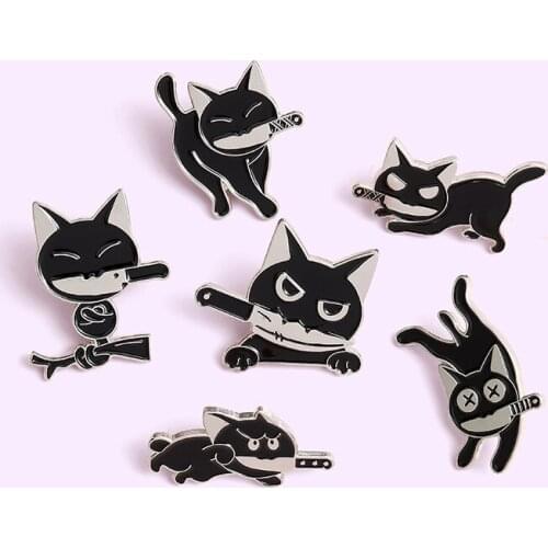 Black Killer Cat Enamel Pin brutal animal Brooch Bag Clothes Lapel Pin Sasha Away Badge Cartoon Jewelry Gift For Kids
