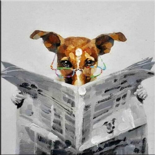 Handmade wall oil painting of lovely dog cartoon cute dog watching the newspapre oilpainting for living room decoration