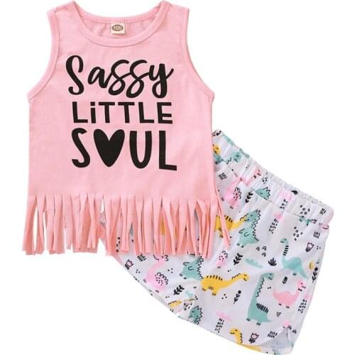 2021 Summer Girls Outfits Kids Fashion Toddler Clothing Set Children Tassels Sleeveless Top + Shorts 18M to 6 Years