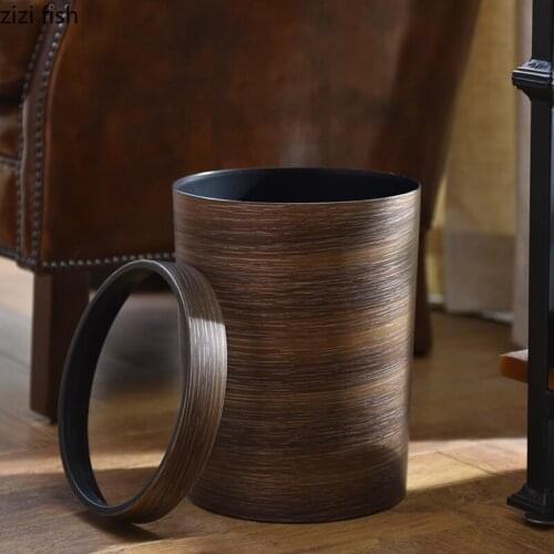 Retro Imitation Wood Grain Trash Can Wastebasket Round Office Storage Basket Living Room Kitchen Bathroom Garbage Can Waste Bins