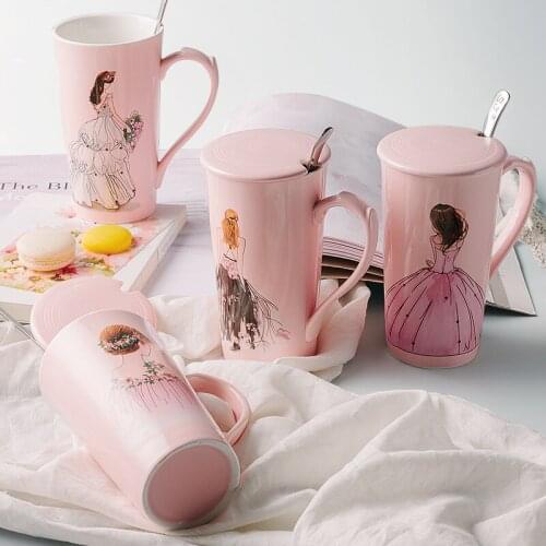 400ml Creative Pink Coffee Mugs Delicate Beautiful Girl Coffee Cup Cute Ceramic Mug With Spoon 1 Piece Free Shipping