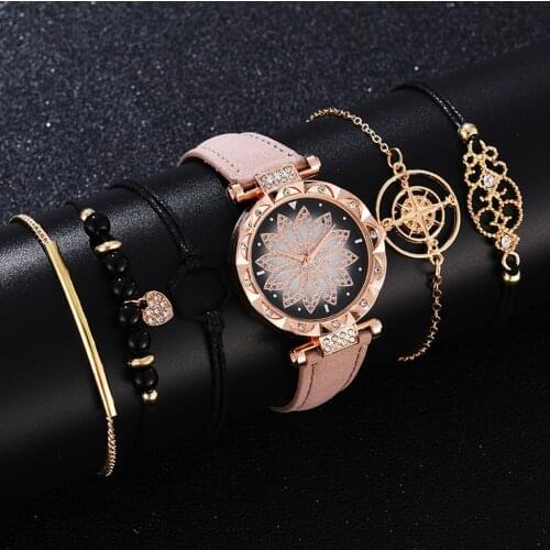 Fashion 6pcs Women Watches Set Luxury Flowers Diamond Ladies Bracelet Watch Casual Leather Quartz Pink Wrist Watch Reloj Mujer