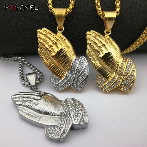 Hip hop 316L Stainless steel Gold Color Fulled Crystal Double Hands Prayer Pendant Necklace Hip Hop Link Chain Necklace For Men
