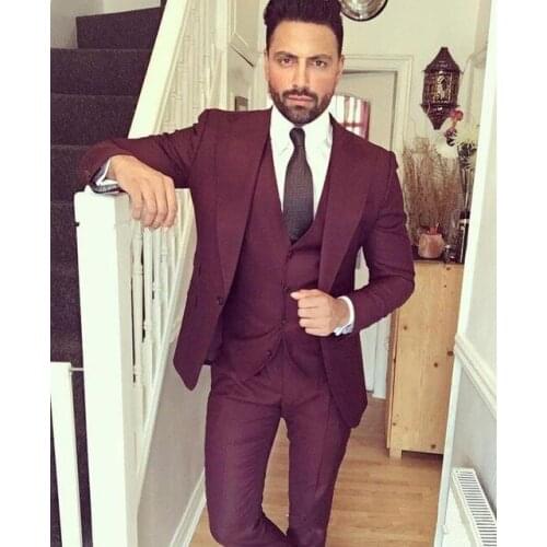 Custom Burgundy Mens Dinner Party Prom Mens Suits 3 Pieces (Jacket+Pants+Vest+Tie) Groom Tuxedos Groomsmen Wedding Blazer Suits