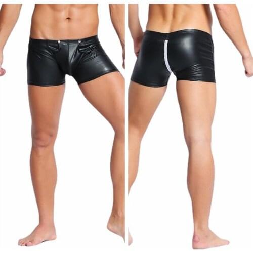 Sexy Back Zipper Gay Underwear Men Boxer Shorts Leather Underwear Wet Look Underpants Open Crotch Pouch Male Panties Gay Cueca