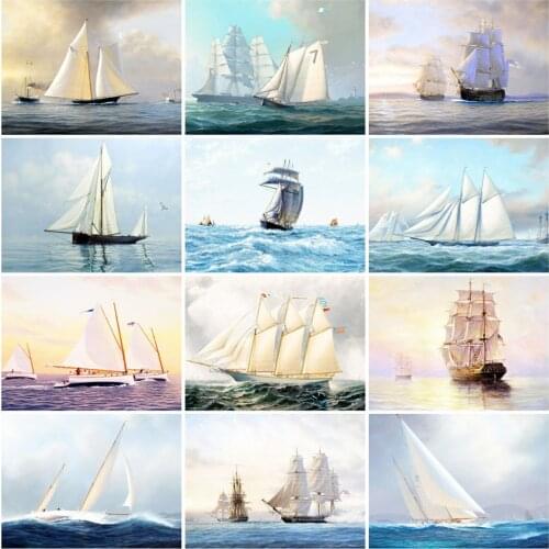 HUACAN Painting By Numbers Scenery Hand Painted Paintings Sailboat DIY Pictures By Number Kits Drawing On Canvas Home Decor