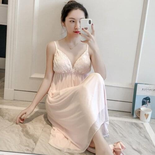 Summer New Womens Nightdress Modal Mesh Sexy Sling Nightgown Mid Skirt with Bra Homewear Sleepwear Night Gown Sexy Nightwear