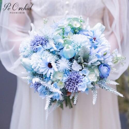 PEORCHID Ramos Para Novias Blue Artificial flower Bouquet Wholesale Camellia Tulip Decoration Wedding Buquet For Bridemaids