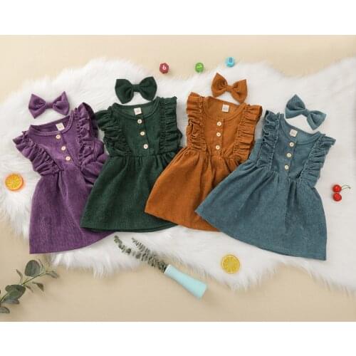 Cute New 2021 Summer Kids Baby Girls Dress Princess Corduroy Ruffle Sleeveless Solid Color Dress+Bowknot Hairpin 2-piece Outfit