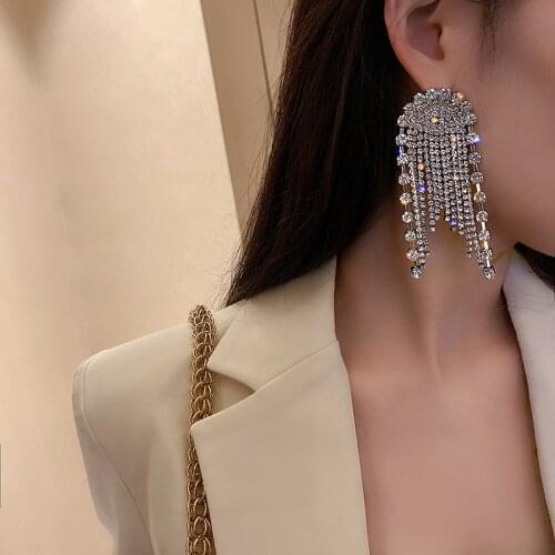 Exaggerated Trendy Rhinestone Long Tassel Pendant Earrings For Women Geometric Zircon Crystal Earrings Elegant Fashion Jewelry
