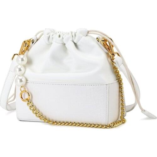 Lattice Pearl Drawstring Bucket bag 2021 Summer New Quality PU Leather Womens Designer Handbag Chain Shoulder Messenger Bag