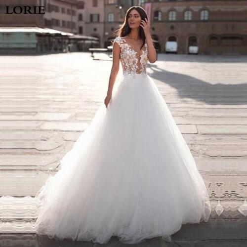 LORIE Boho Wedding Dresses Top Lace Appliques Bride Dress A Line robe de mariee Cap Sleeves Wedding Gown