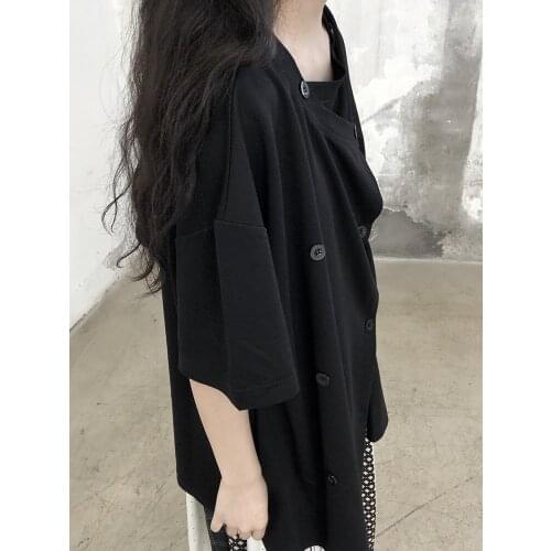 Ladies summer new fashion fashion design sense double breasted button black loose large casual short sleeve T-shirt