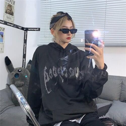 Gothic Hoodie Streetwear Hot Drilling Hooded Sweatshirts 2021 New In Women Loose Hoodies Y2k Sweatshirt Winter Clothes Pullovers