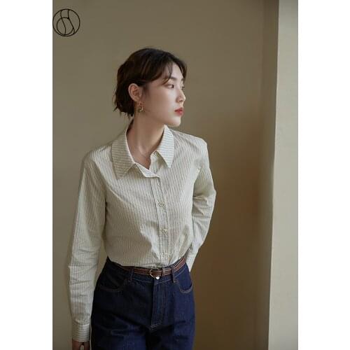 DUSHU Women Commuter Simple Stripe Shirts Autumn New Slim Workplace Temperament Tops Button Up Shirts Harajuku Women Blouses