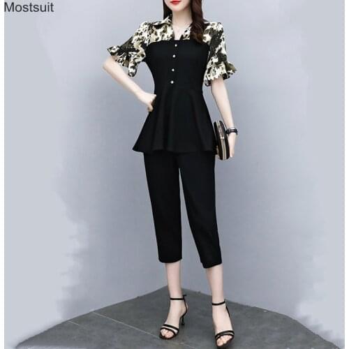 Summer Elegant Two Piece Set Women Plus Size Print Tunic Short Sleeve Tops And Calf-length Pants Suits Outfit OL Korean 2020
