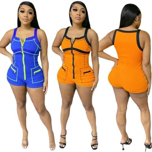 Sexy Sleeveless Zipper Rompers Spaghetti Strap Patchwork Short Jumpsuit One Piece Shorts Playsuit 2021 Streetwear Women Clothes