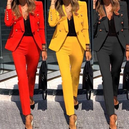 Spring Autumn Two Piece Set Women Casual Single-Breasted Notched Long Sleeve Coat And Pencil Pant Office Business Outfits