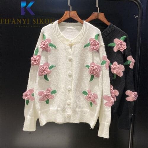 Floral Embroidery Knitted Sweater Jacket Women Autumn Winter Cardigan Knit Coat O-Neck Long Sleeve Fashion Loose Sweaters Female